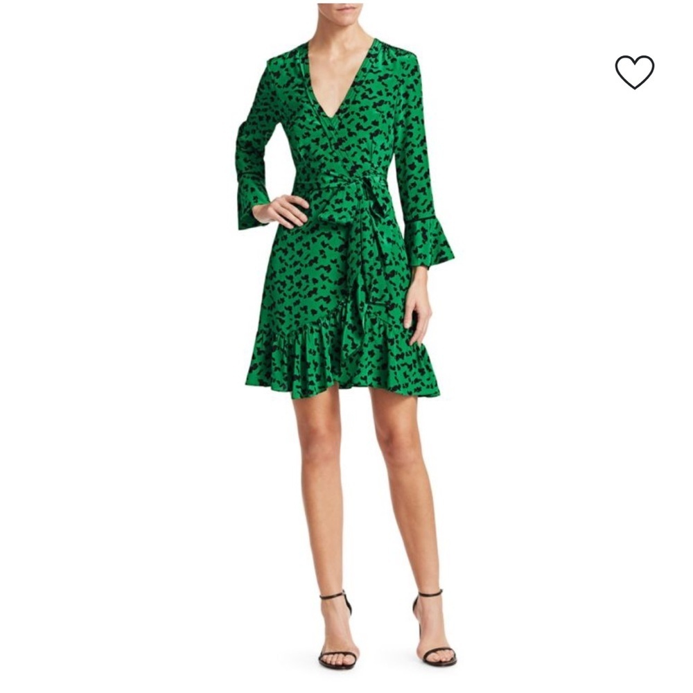 Tanya‎ Taylor Green Silk Wrap Dress Ruffle Hem Statement